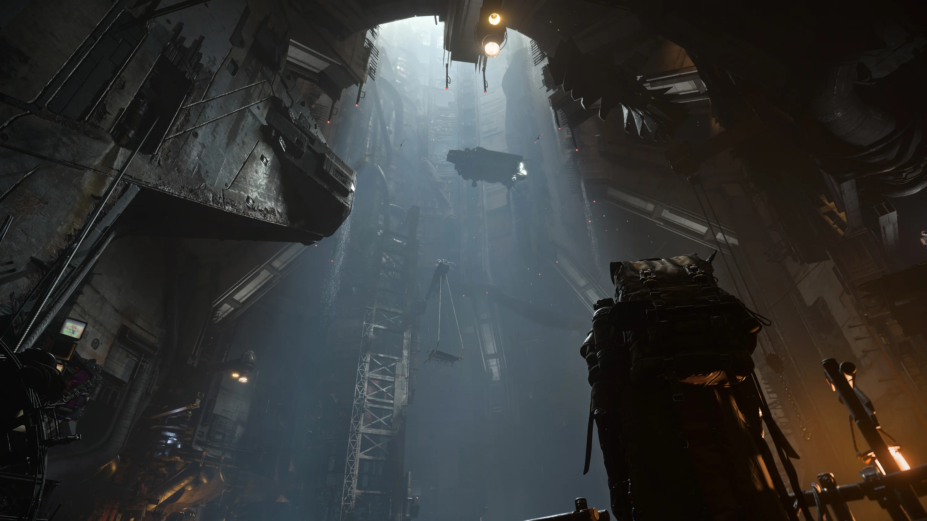First-person view into a towering damaged interior