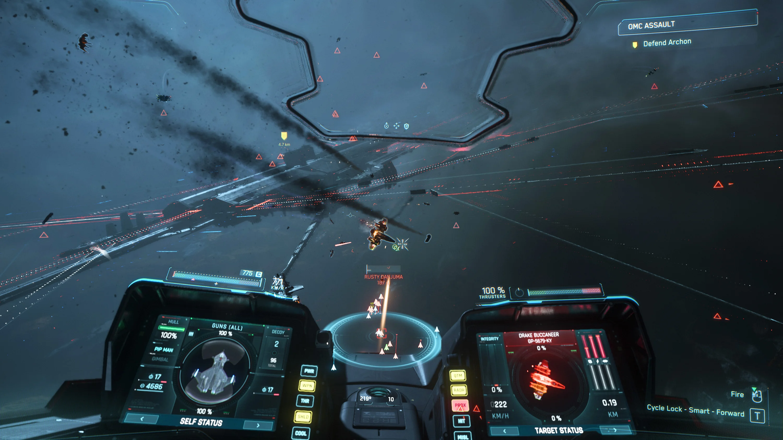 Cockpit displays and spacecraft in a Squadron 42 combat scene